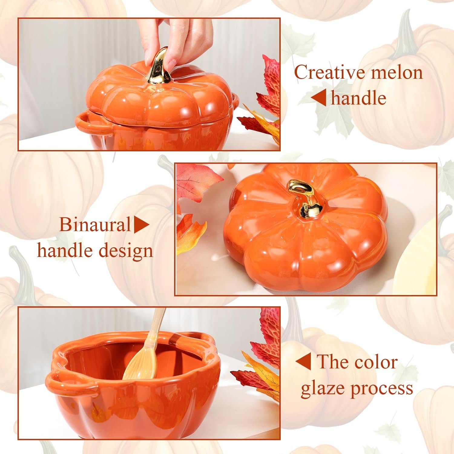 Yaomiao 6 Pcs Pumpkin Ceramic Bowl 15 oz Pumpkin Soup Bowl Pumpkin Shape Storage Jar with Lid and Handles for Home Halloween Party Kitchen Tableware(Orange) - Image 5
