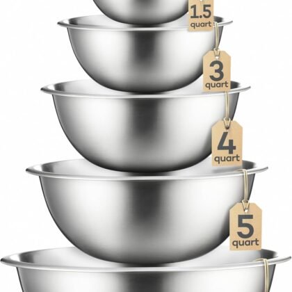 FineDine Stainless Steel Mixing Bowls Set, Dishwasher Safe, Up To 8 Quart Metal Mixing Bowls For Kitchen, Nesting, Large, Small, Big Food Prep, Cooking, Baking