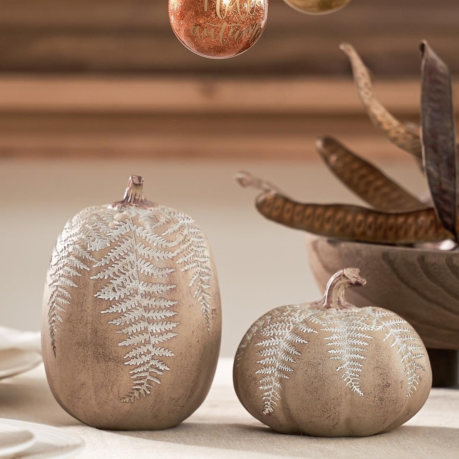 DN DECONATION 2-Pack Fall Pumpkin Decorations for Home, Faux Pumpkins for Decorating, Rustic Brown Resin Pumpkins Decor with Carved Leaves – Thanksgiving Table Centerpiece, Modern Farmhouse Fall Decor