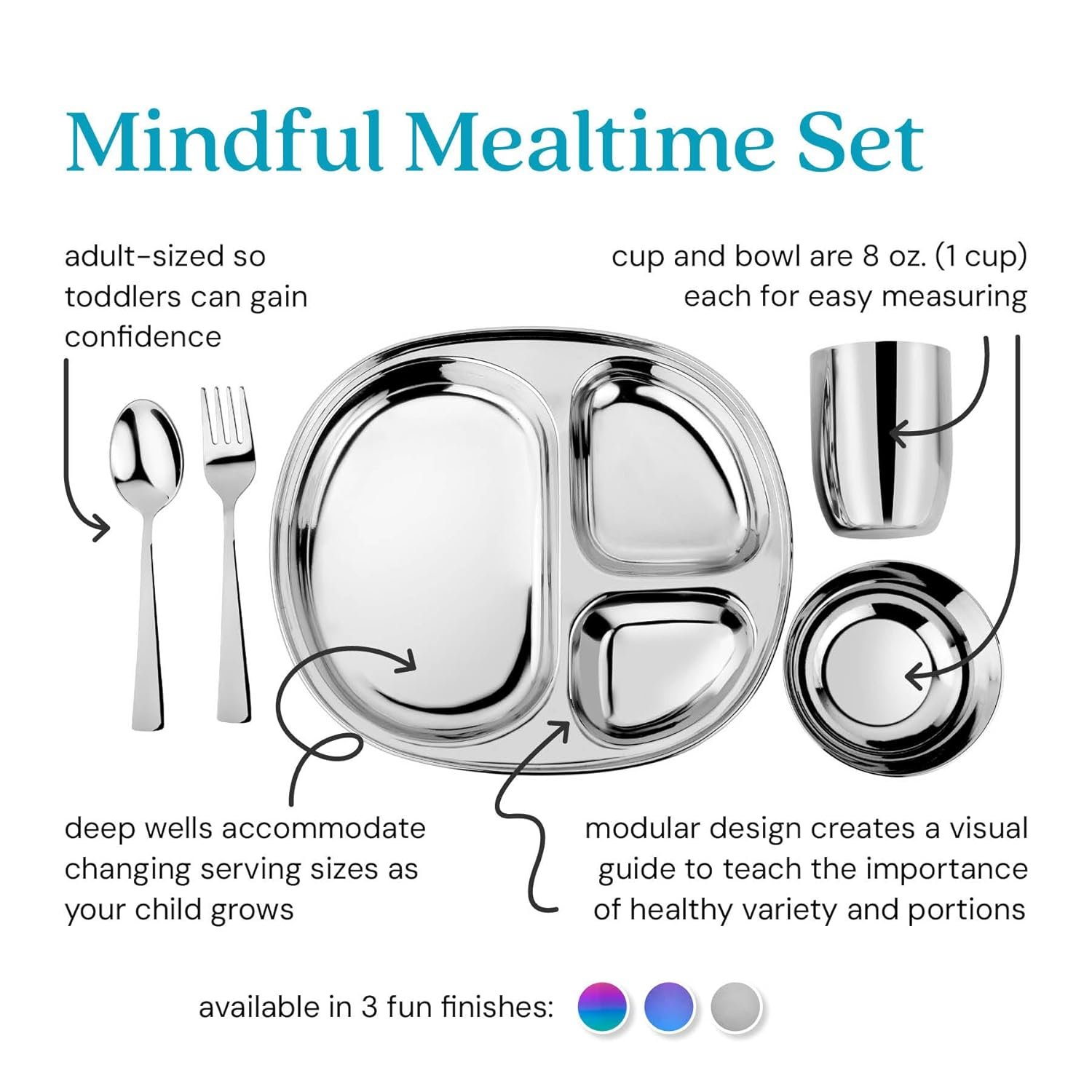 Ahimsa Stainless Steel Kids Dinnerware Set, Pediatrician Designed, 5 Piece Toddler Plates and Bowls Set, Stainless Steel Divided Plate, Cup and Kids Utensils - Image 2