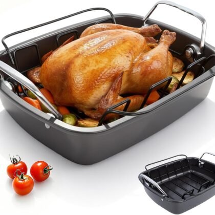 Nonstick Turkey Roasting Pan with Rack - 17×13.6 Inch Large Turkey Roaster Pan For Oven - Double-Ply Clad NonStick Roasting Pan For Roasting Chicken, Meats and Vegetables（Dark Gray）