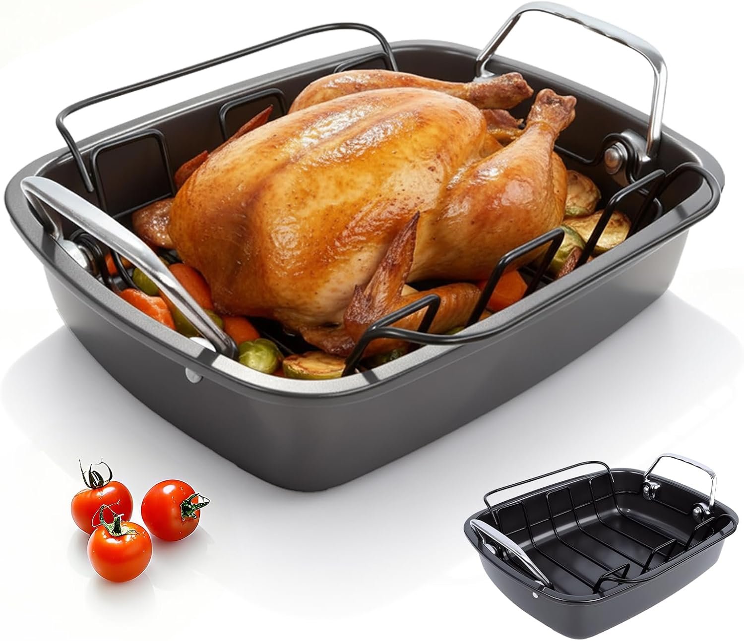 Nonstick Turkey Roasting Pan with Rack - 17×13.6 Inch Large Turkey Roaster Pan For Oven - Double-Ply Clad NonStick Roasting Pan For Roasting Chicken, Meats and Vegetables(Dark Gray)