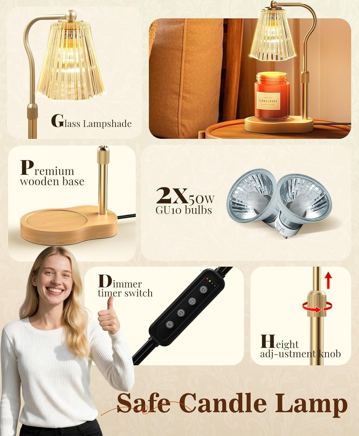 Candle Warmer Lamp, Wax Melt Warmer with 2 Bulbs for Scented Jar Candles, with Timer Dimmer Adjustable Height, Home Decor Gift for Girl Friend Mom Sister Women, No Flame No Smoke Warming Light, Amber - Image 6