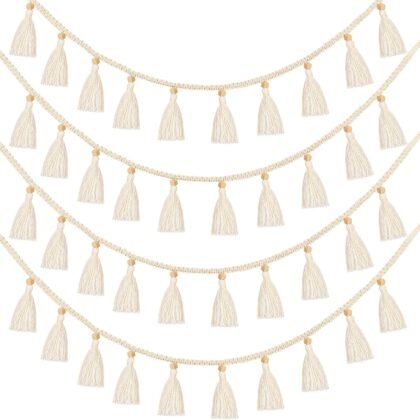 Tatuo Boho Macrame Tassel Garland for Classroom Decor Hanging Tassel Garland Bunting Boho Classroom Decor for Nursery Room Birthday Party Bedroom Dorm(4 Pieces,47.2 Inch)