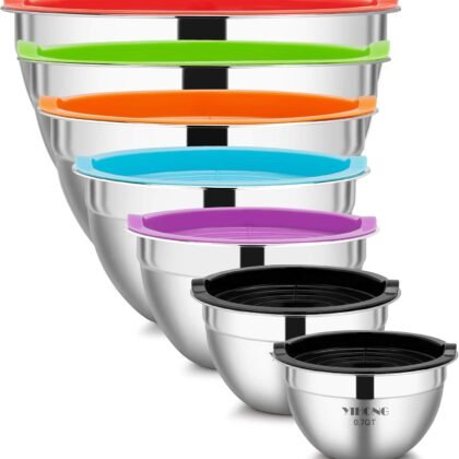 YIHONG 7 Piece Metal Mixing Bowls with Lids for Kitchen, Stainless Steel Set Ideal for Baking, Prepping, Cooking and Serving Food, Nesting Design for Space Saving Storage