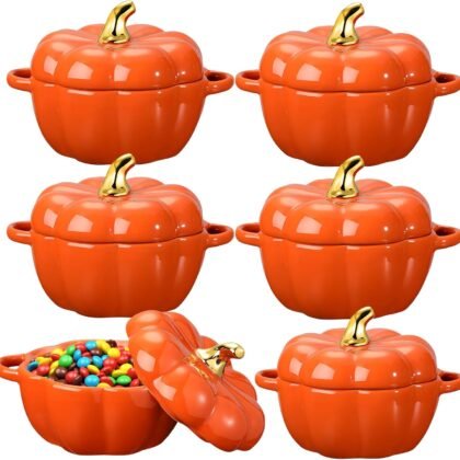 Yaomiao 6 Pcs Pumpkin Ceramic Bowl 15 oz Pumpkin Soup Bowl Pumpkin Shape Storage Jar with Lid and Handles for Home Halloween Party Kitchen Tableware(Orange)
