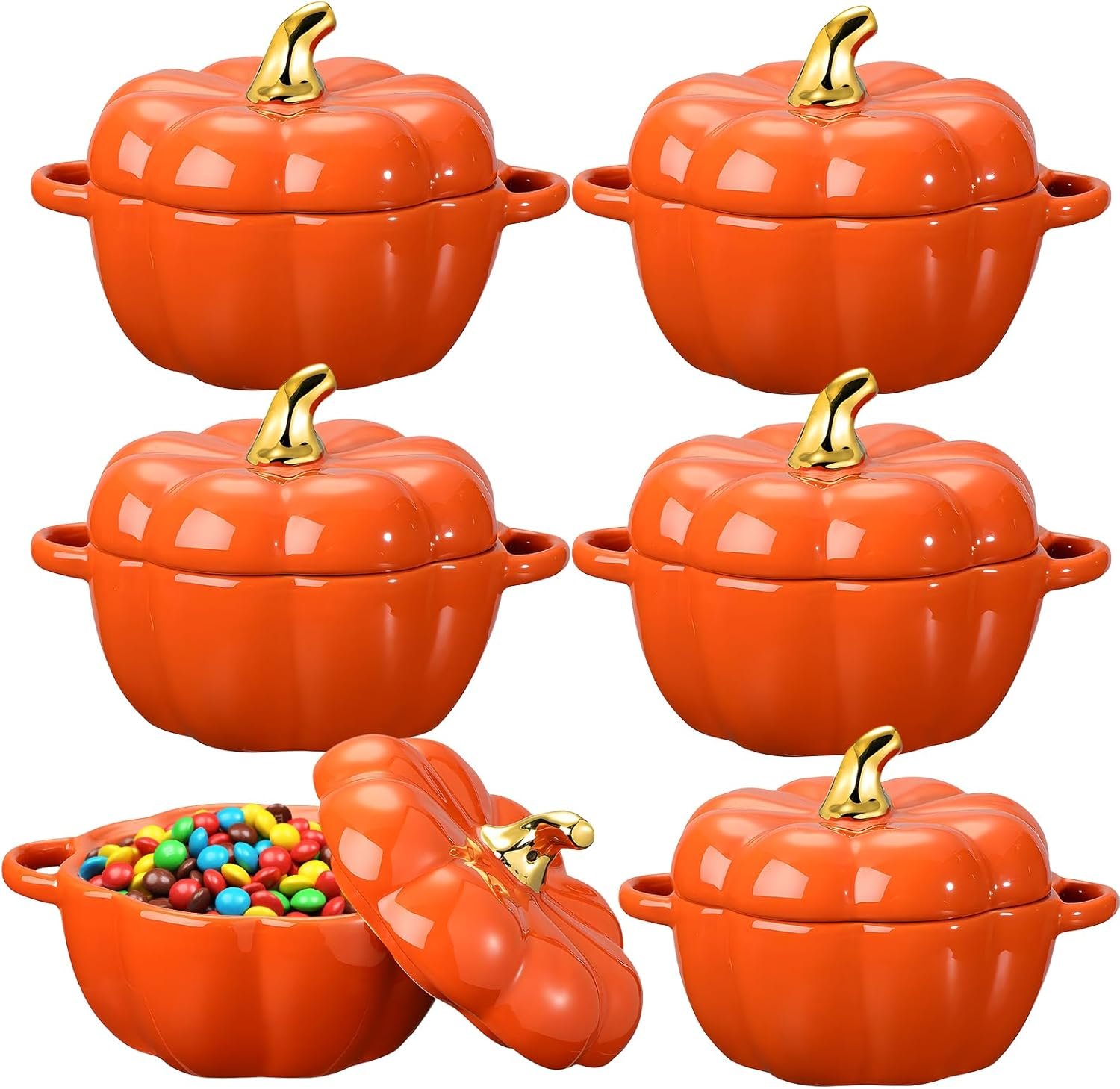 Yaomiao 6 Pcs Pumpkin Ceramic Bowl 15 oz Pumpkin Soup Bowl Pumpkin Shape Storage Jar with Lid and Handles for Home Halloween Party Kitchen Tableware(Orange)