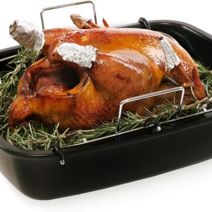 Uukrave Nonstick Turkey Roasting Pan with Rack - Large 18.5 x 14.7 Inch Heavy Duty Roaster for 25 lb Turkey or Chicken, Deep Oven Tray with U-Rack and Wide Handles, Non-Toxic, Black