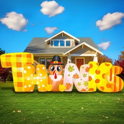 KOOY 8FT Thanksgiving Inflatables Decorations Blow Up Turkey with Thanks Letter Built-in LED Lights for Thanksgiving Festival Autumns Harvest Happy Outdoor Outside Indoor Lawn Holiday Decor