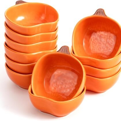 12 Pack Ceramic Pumpkin Bowls, 6 oz Small Fall Ramekins, Pumpkin Shaped Dishes for Halloween Thanksgiving Candy Snack Dip Sauce, Orange Mini Bowls for Autumn Party Decor