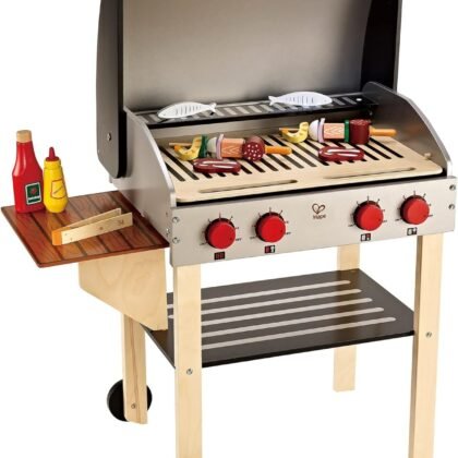 Hape Wooden Gourmet Grill and Shish Kabob| Pretend Playset Cooking Sets with Play Food for Kids