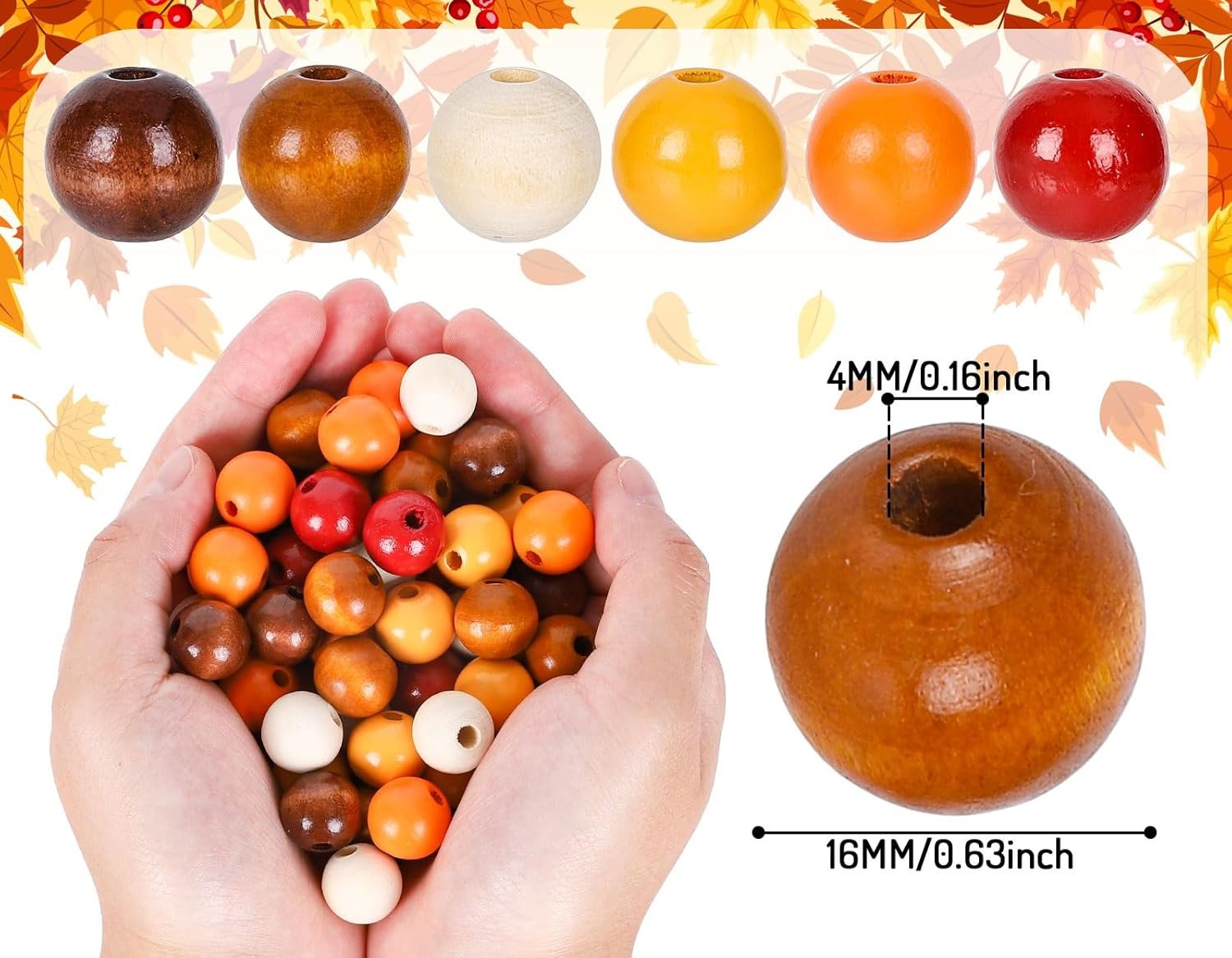 Whaline 240Pcs Fall Thanksgiving Wood Beads Colorful Autumn Red Orange Yellow Round Spacer Beads with Holes Round Loose Beads for Autumn Tiered Tray Garland DIY Crafts Farmhouse Home Decor - Image 2