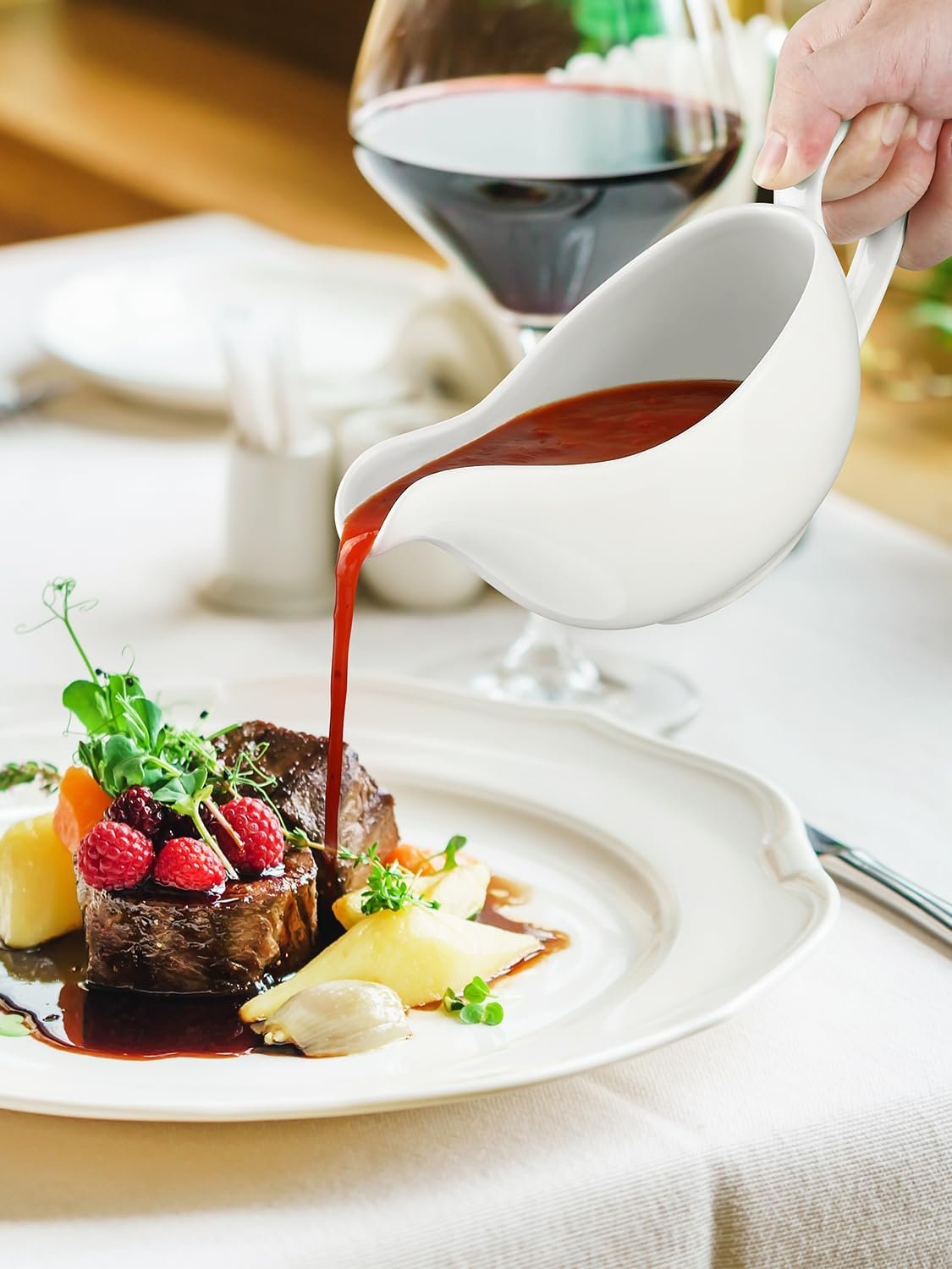 Yedio 18 oz Gravy Boat with Saucer, Large White Ceramic Gravy Boat, Boat and Tray for Turkey Beef Sauce, Salad Dressing, Creamer, Milk, Broth,Microwave and Dishwasher Safe - Image 5