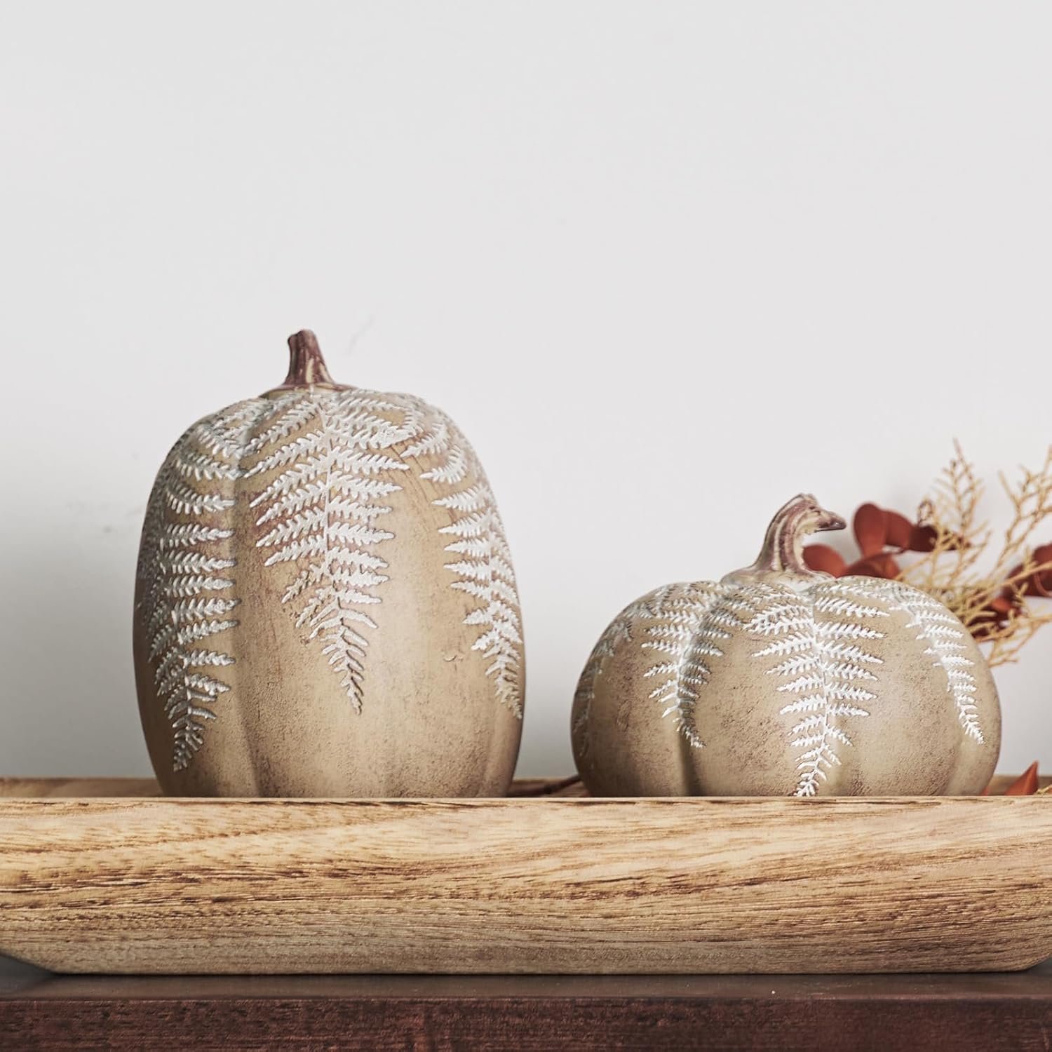 DN DECONATION 2-Pack Fall Pumpkin Decorations for Home, Faux Pumpkins for Decorating, Rustic Brown Resin Pumpkins Decor with Carved Leaves – Thanksgiving Table Centerpiece, Modern Farmhouse Fall Decor - Image 4