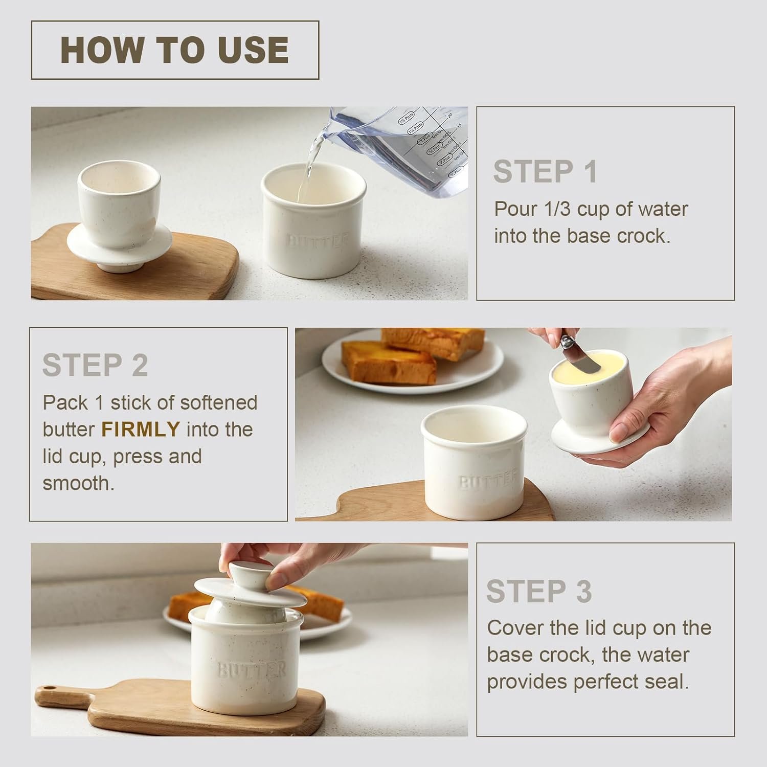 Butter Crock with Lid for Countertop - Ceramic French Butter Dish for Spreadable Soft Butter, Butter Container Holder with a Water Seal, Housewarming Gift, Kitchen and Home Decor, Speckled White - Image 5