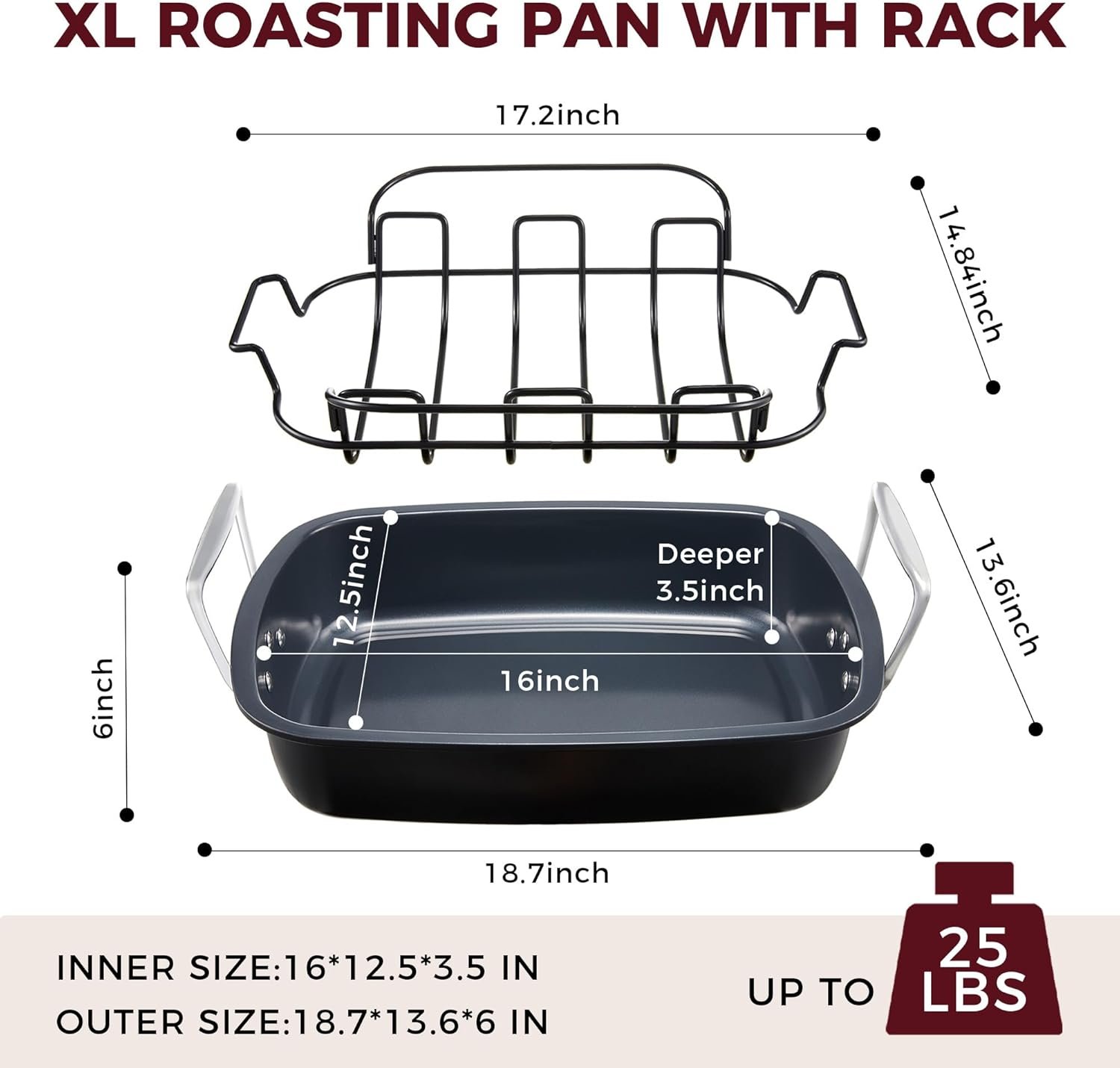 HONGBAKE Extra Large Turkey Roasting Pan with Rack (U-Shaped), 18.7×13.6 Inch Nonstick Roaster Pan for 25 lb Turkey & Chicken, Deep Turkey Tray for Oven, Wider Handles, 0.8 mm Heavy Duty Steel, Gray - Image 4
