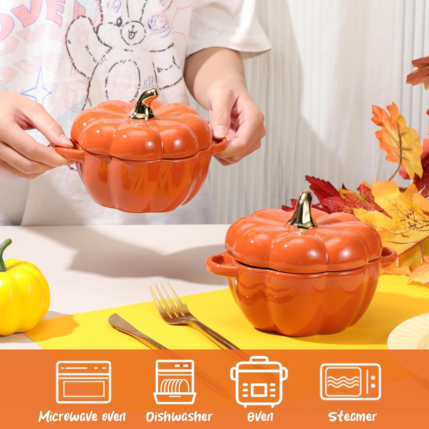 Yaomiao 6 Pcs Pumpkin Ceramic Bowl 15 oz Pumpkin Soup Bowl Pumpkin Shape Storage Jar with Lid and Handles for Home Halloween Party Kitchen Tableware(Orange) - Image 6