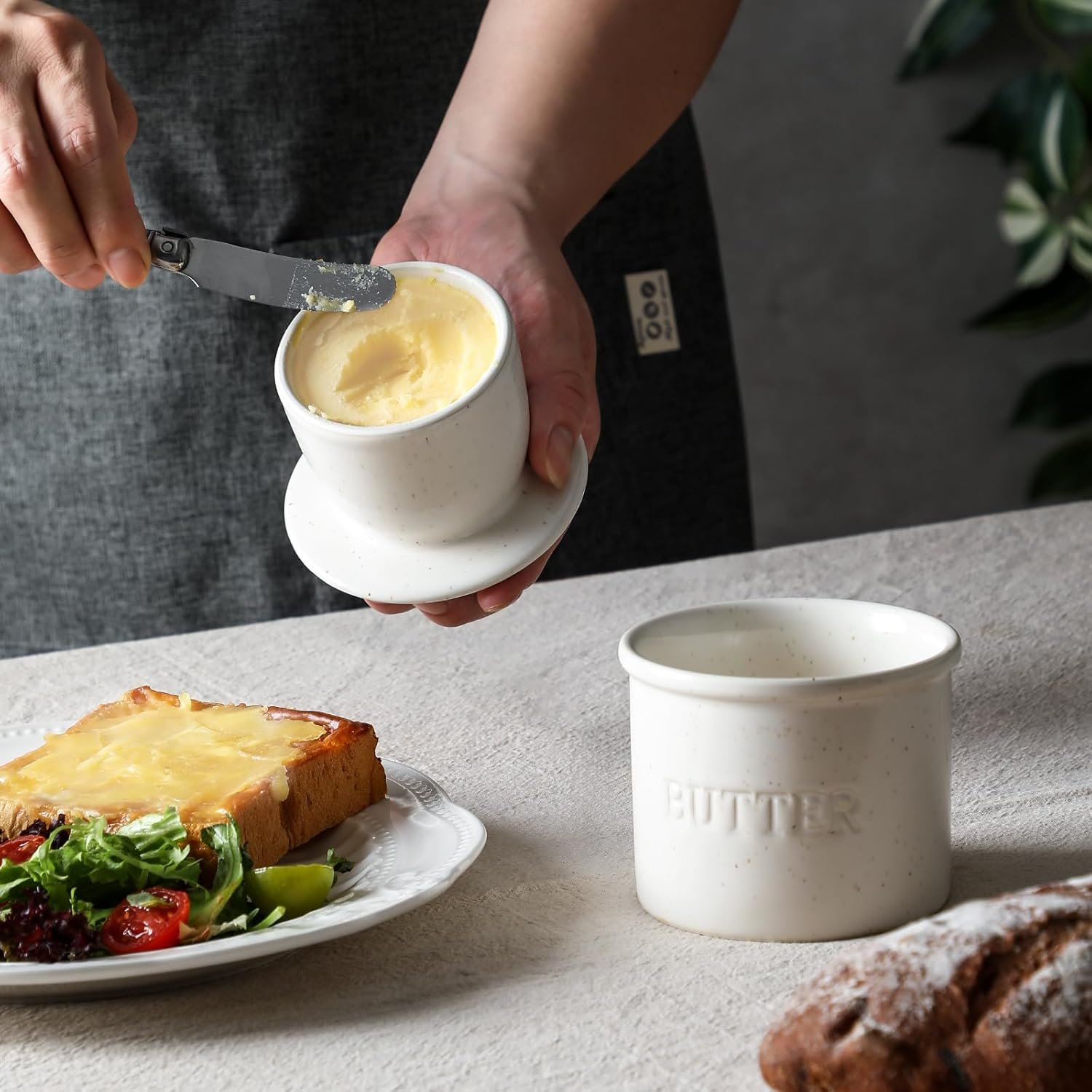 Butter Crock with Lid for Countertop - Ceramic French Butter Dish for Spreadable Soft Butter, Butter Container Holder with a Water Seal, Housewarming Gift, Kitchen and Home Decor, Speckled White - Image 4