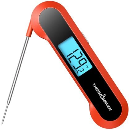 Professional 0.5 Sec Instant Read Meat Thermometer Digital, NIST Certified ±0.5℉ Accuracy, Auto Rotate Large LCD Display, 100% Waterproof Cooking Thermometer for Baking Grill BBQ Smoker Oven, Red