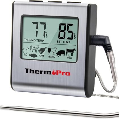 ThermoPro TP16 Large LCD Digital Cooking Food Meat Thermometer for Smoker Oven Kitchen BBQ Grill Thermometer Clock Timer with Stainless Steel Temperature Probe