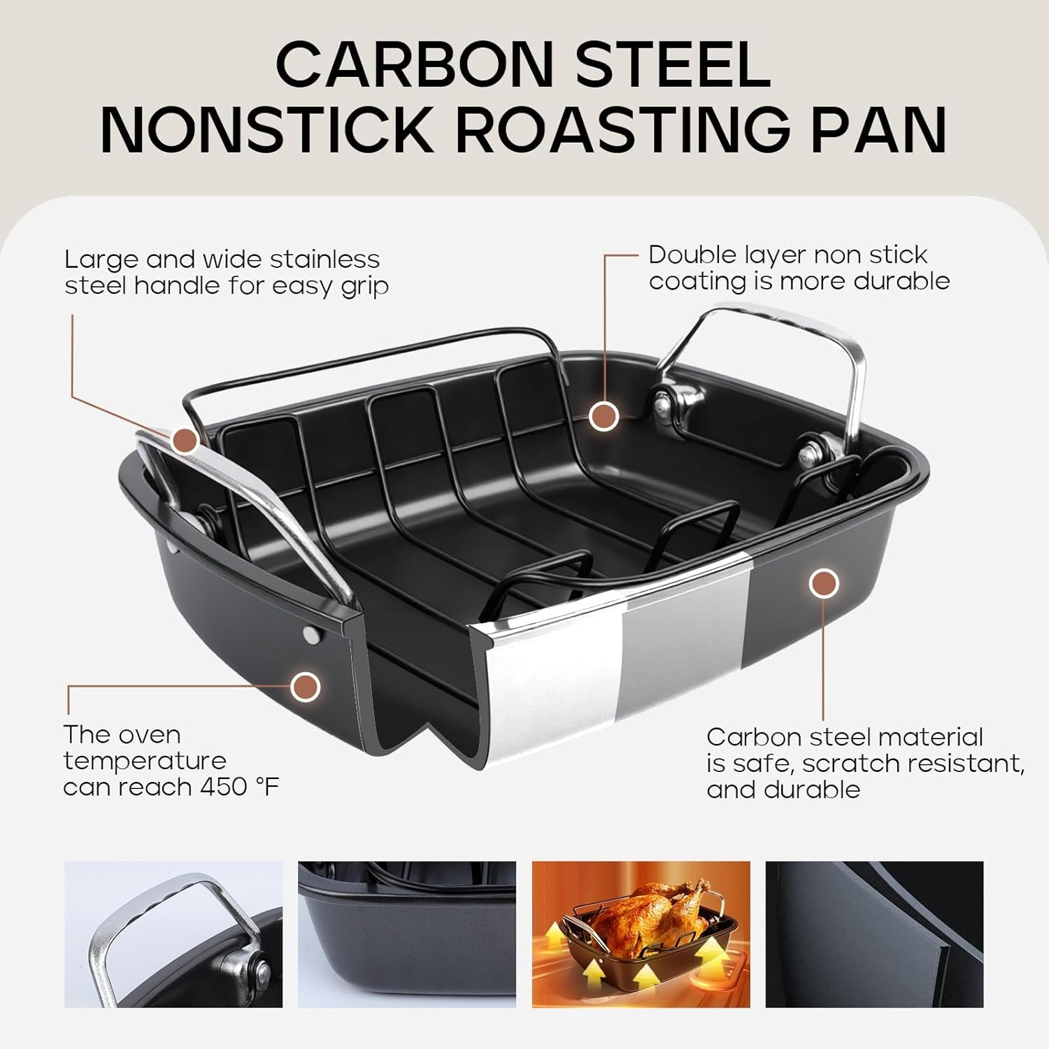 Nonstick Turkey Roasting Pan with Rack - 17×13.6 Inch Large Turkey Roaster Pan For Oven - Double-Ply Clad NonStick Roasting Pan For Roasting Chicken, Meats and Vegetables(Dark Gray) - Image 6