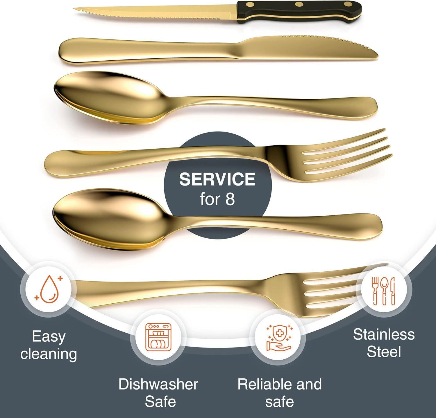 Tribal Cooking 49 Piece Gold Silverware Set - Service for 8 - Stainless Steel Gold Flatware serving set - Cutlery Set - Knives, Fork, and Spoon - Dishwasher Safe - Stunning Polished Finish - Image 3