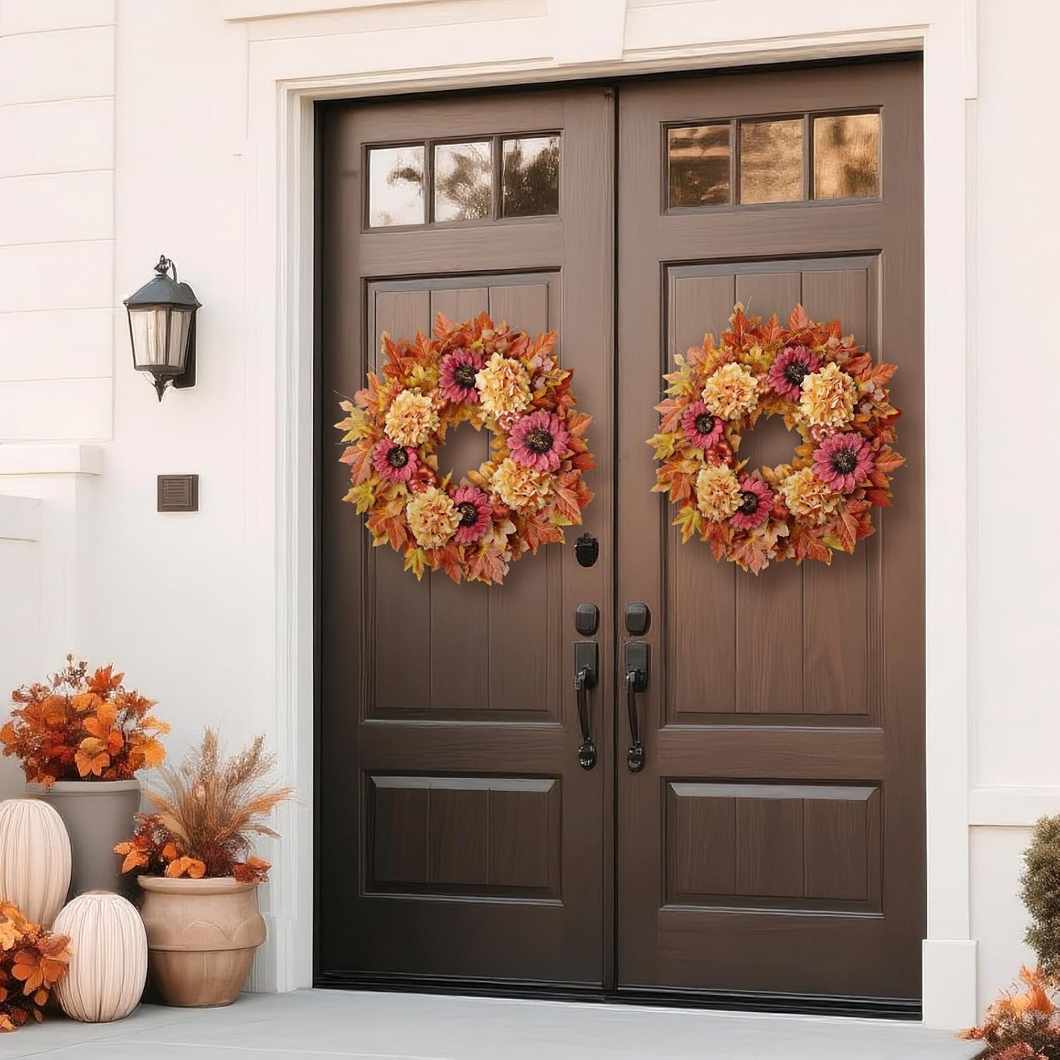 28'' Large Fall Wreath for Front Door, Porch, Window- Artificial Maple Leaves Faux Sunflower Hydrangea Pumpkins Outdoor Autumn Wreath for Home, Farmhouse Wall Thanksgiving Day Harvest Festival Decor - Image 4