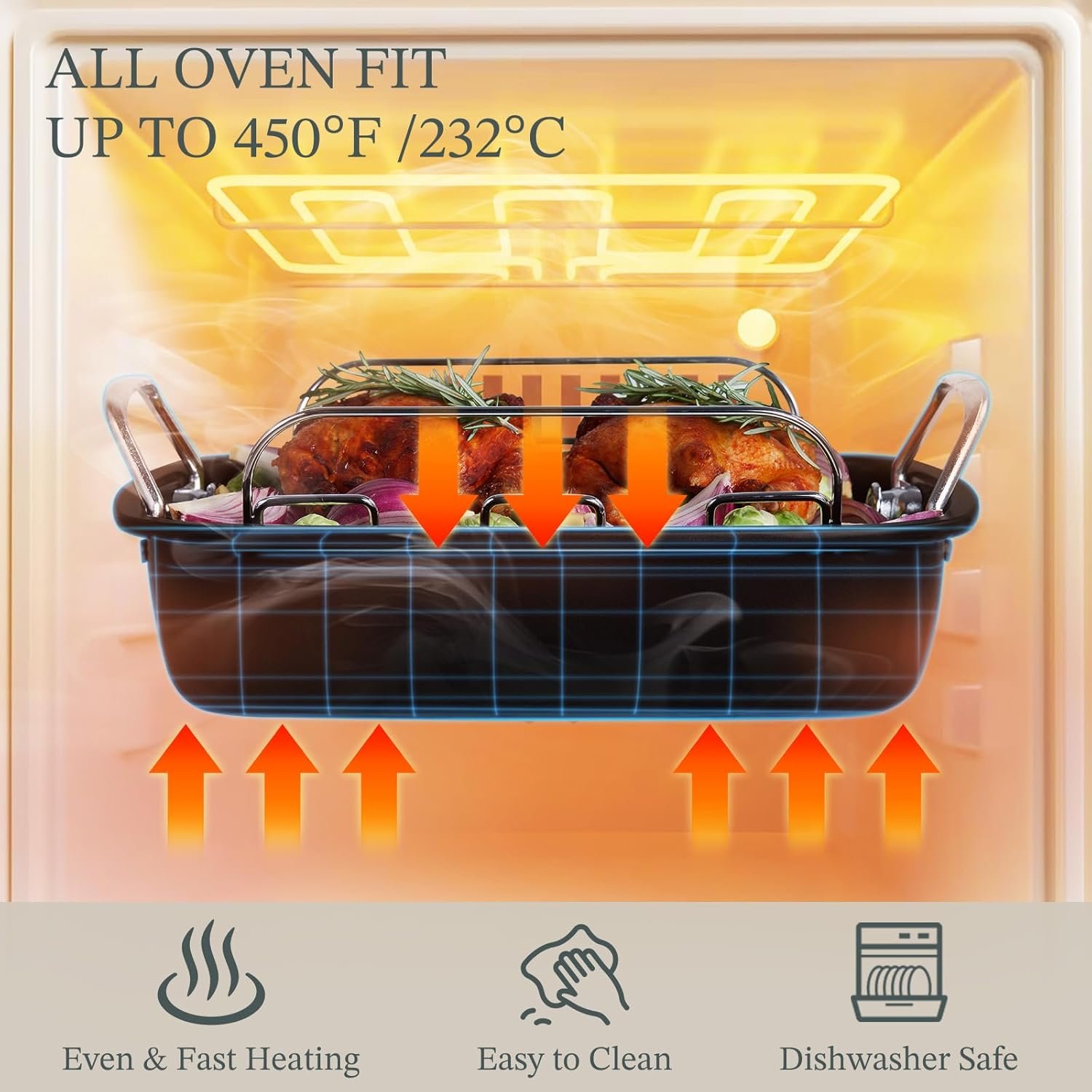 KITESSENSU Large Roasting Pan with Rack - 25 LB Nonstick Turkey Roaster Pan for Oven - Heavy Duty Carbon Steel Roasting Pan with Wider Handles for Chicken, Vegetables & Holiday Meals, Gray - Image 5