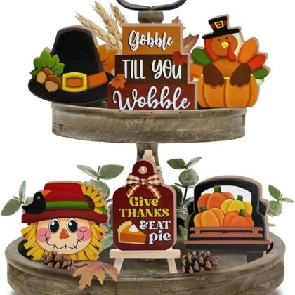 7 Pcs Thanksgiving Tiered Tray Decor, Fall Turkey Pumpkin Truck Scarecrow Farmhouse Wood Decorations Set, Autumn Harvest Give Thanks Rustic Wooden Decorative Signs for Home Table Shelf