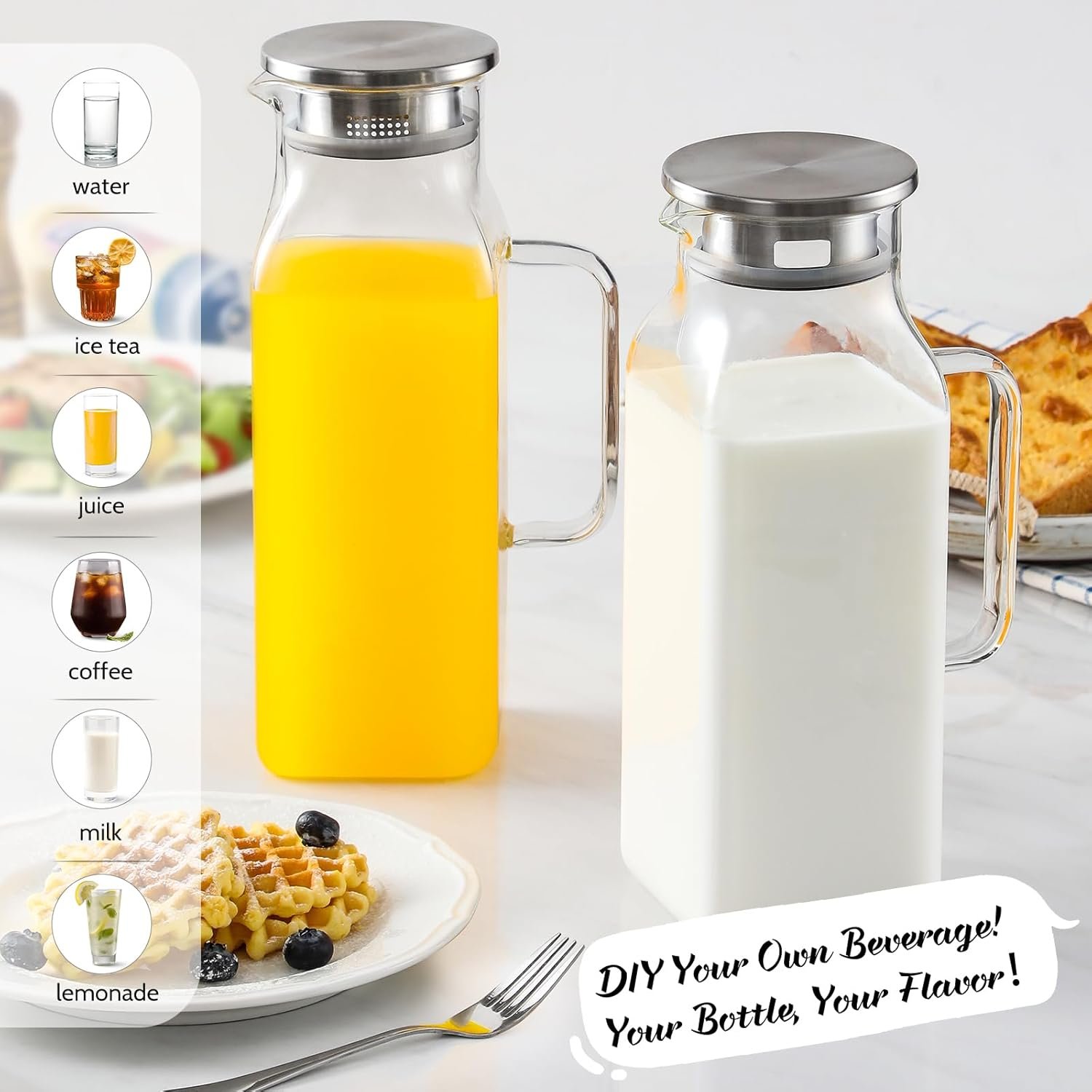 Netany 2 Pack 2 Liters/68 oz Square Glass Pitcher with Lid and Handle for Fridge, Iced Tea and Coffee Carafe Beverage Serveware, Heat Resistant Borosilicate Water Jug for Hot/Cold Drinks and Milk - Image 3