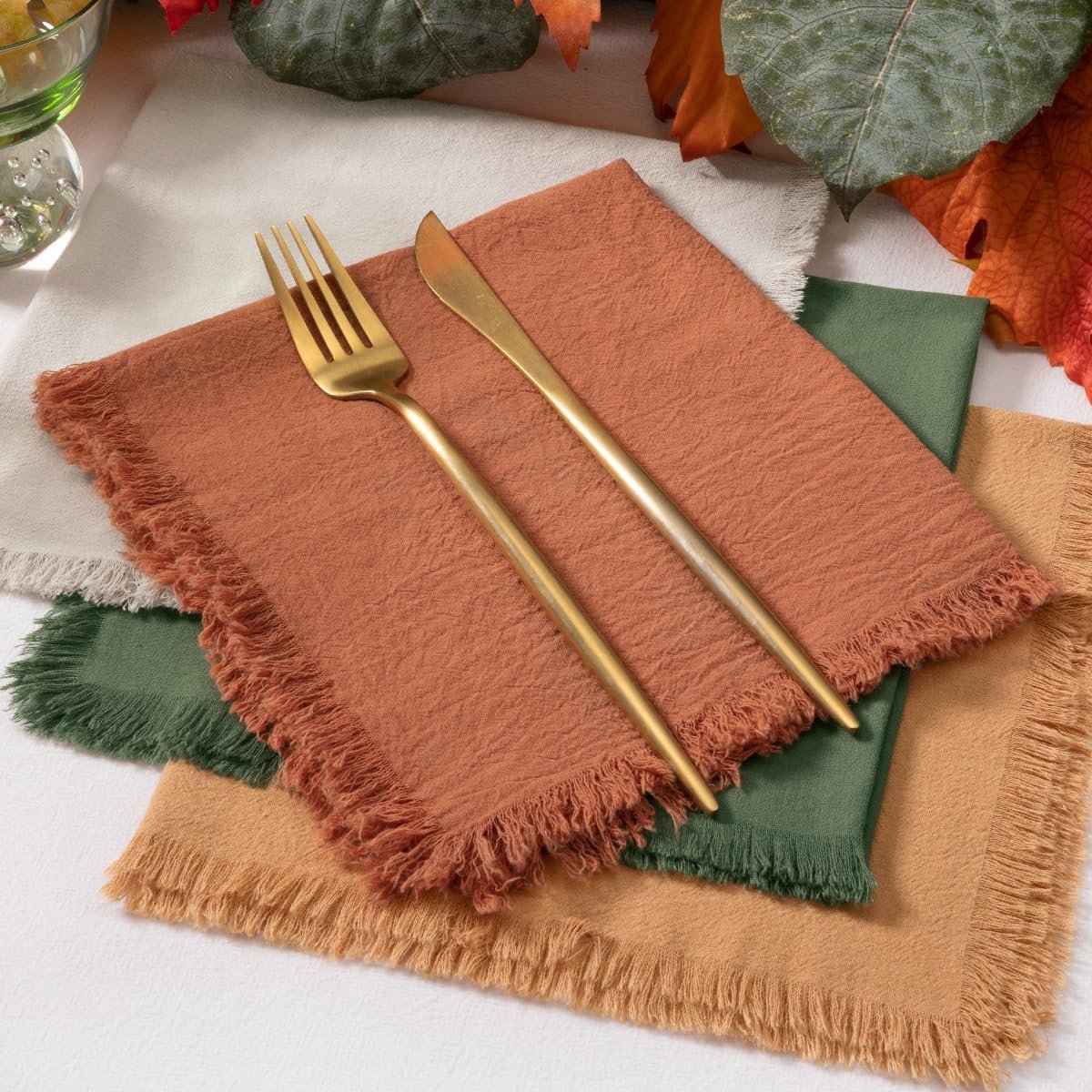 12 Pack Mixed Thanksgiving Color Cotton Linen Napkins With Fringe - Fall Cloth Set of 12 Boho Handmade Dinner Bulk for Wedding Fall Dining Table, 17 x 17 - Image 5