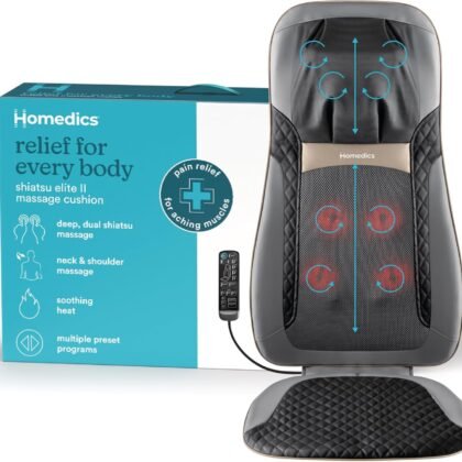 Homedics Back Massager with Heat, Shiatsu Elite II Heated Neck and Back Massage Cushion. 3 Different Massage Styles and 3 Massage Zones. Comes with Controller and Chair Straps
