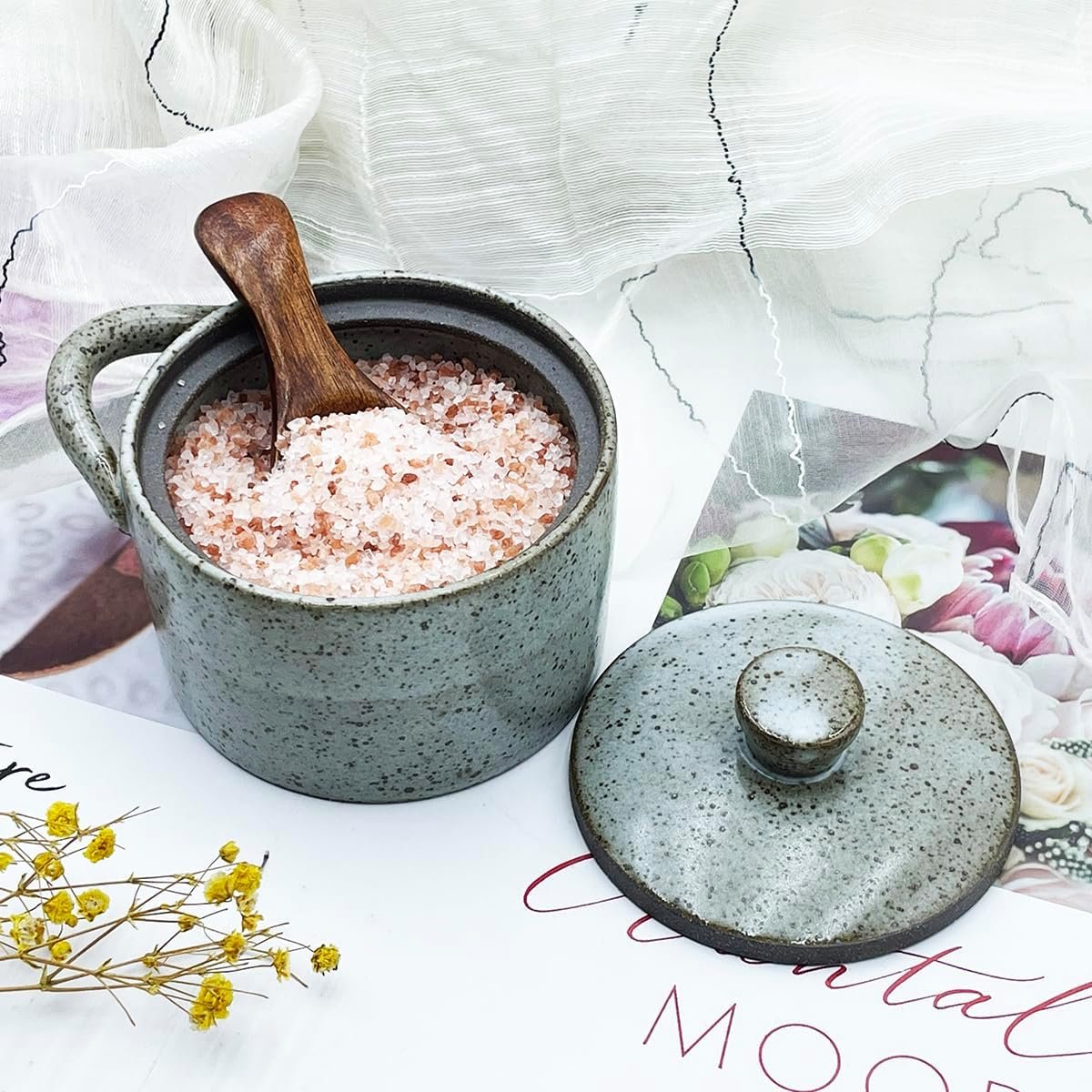 8 oz Ceramic Salt Cellar with Lid & Wooden Spoon,Countertop Salt Container,Sugar Bowl,Spices Jar| Artisan Kitchen Decor(Gray) - Image 6