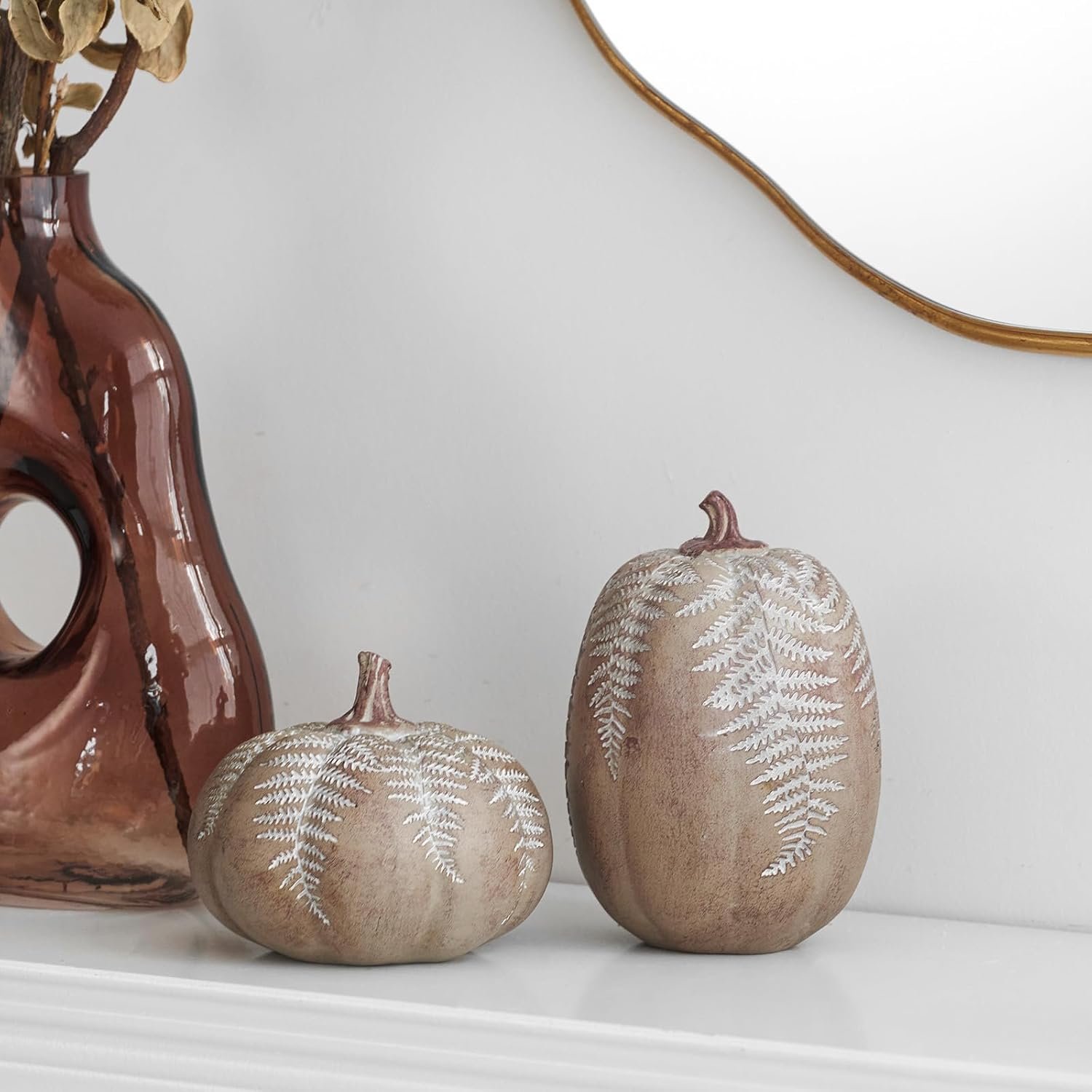 DN DECONATION 2-Pack Fall Pumpkin Decorations for Home, Faux Pumpkins for Decorating, Rustic Brown Resin Pumpkins Decor with Carved Leaves – Thanksgiving Table Centerpiece, Modern Farmhouse Fall Decor - Image 2