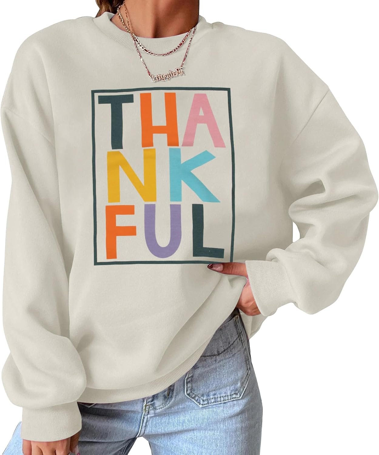 VILOVE Thankful Sweatshirt Women Thanksgiving Day Colorful Letter Print Pullover Crewneck Long Sleeve Oversized Tops - Image 2