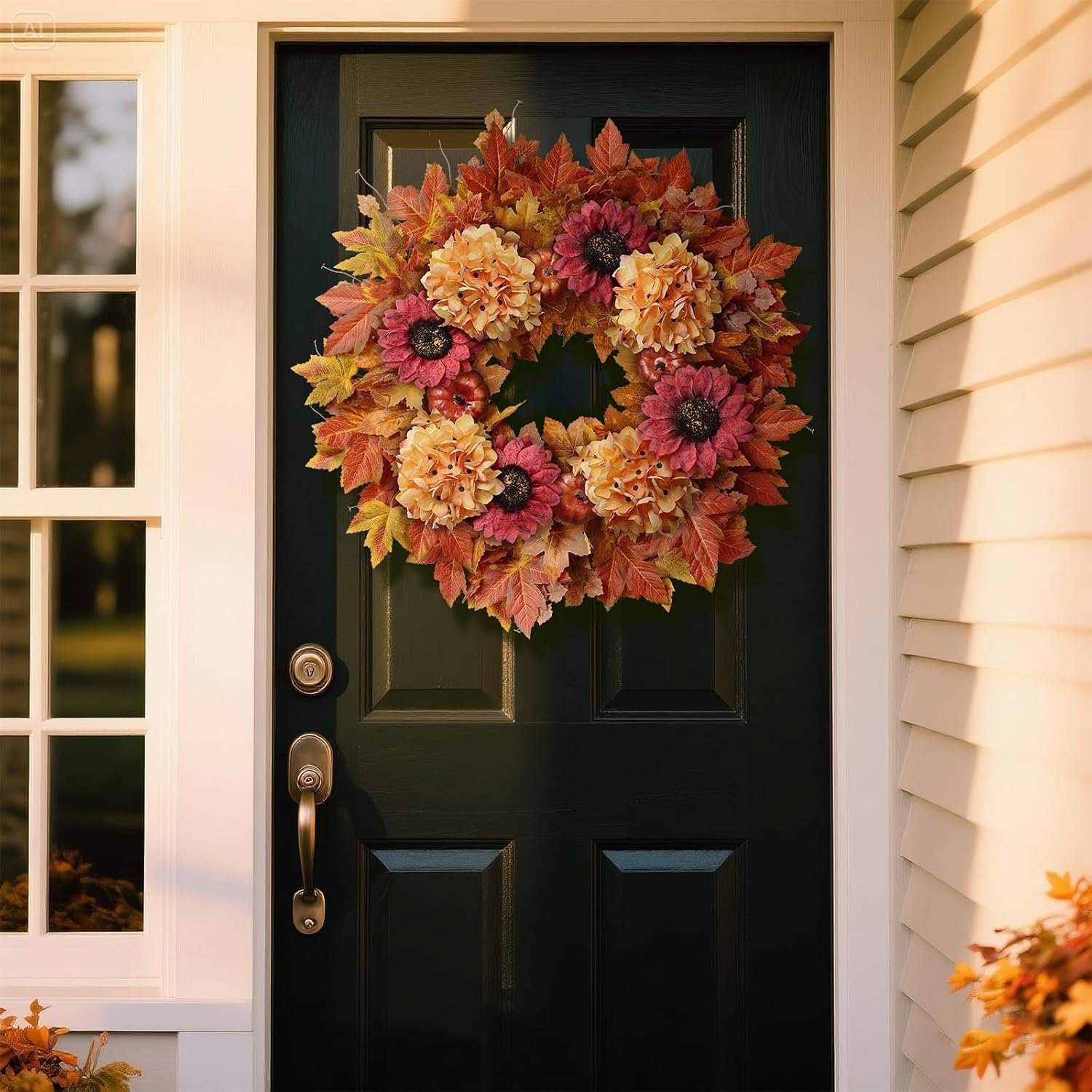 28'' Large Fall Wreath for Front Door, Porch, Window- Artificial Maple Leaves Faux Sunflower Hydrangea Pumpkins Outdoor Autumn Wreath for Home, Farmhouse Wall Thanksgiving Day Harvest Festival Decor - Image 3