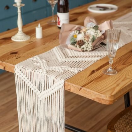 Mkono 100 Inches Boho Macrame Table Runner Woven Thanksgiving Christmas Party Decor Handmade Linen Placemats with Tassels Home Decoration for Dining Room Kitchen, 12 x 100 Inches