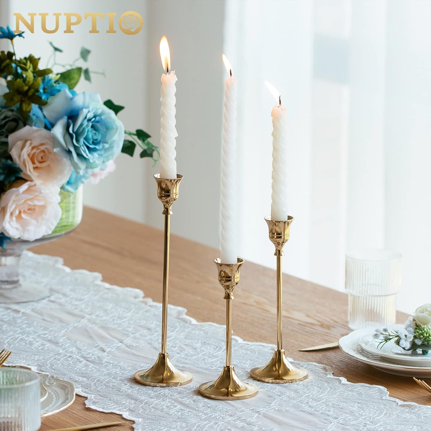 2 Sets(6 Pcs) Brass Gold Metal Taper Candle Holders Candlestick Holders, Vintage Modern Decorative Centerpiece Candlestick Holders for Table Mantel Wedding Housewarming Gift - Image 2