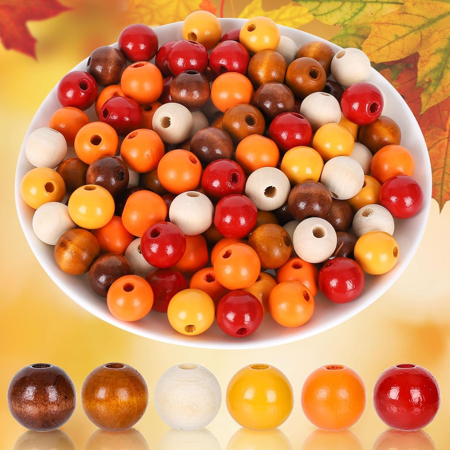 Whaline 240Pcs Fall Thanksgiving Wood Beads Colorful Autumn Red Orange Yellow Round Spacer Beads with Holes Round Loose Beads for Autumn Tiered Tray Garland DIY Crafts Farmhouse Home Decor