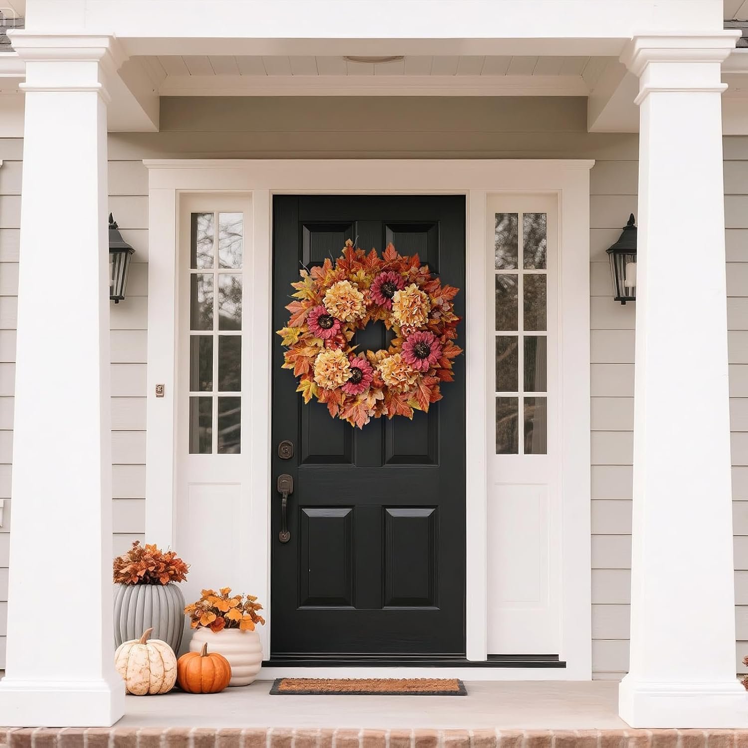 28'' Large Fall Wreath for Front Door, Porch, Window- Artificial Maple Leaves Faux Sunflower Hydrangea Pumpkins Outdoor Autumn Wreath for Home, Farmhouse Wall Thanksgiving Day Harvest Festival Decor - Image 5