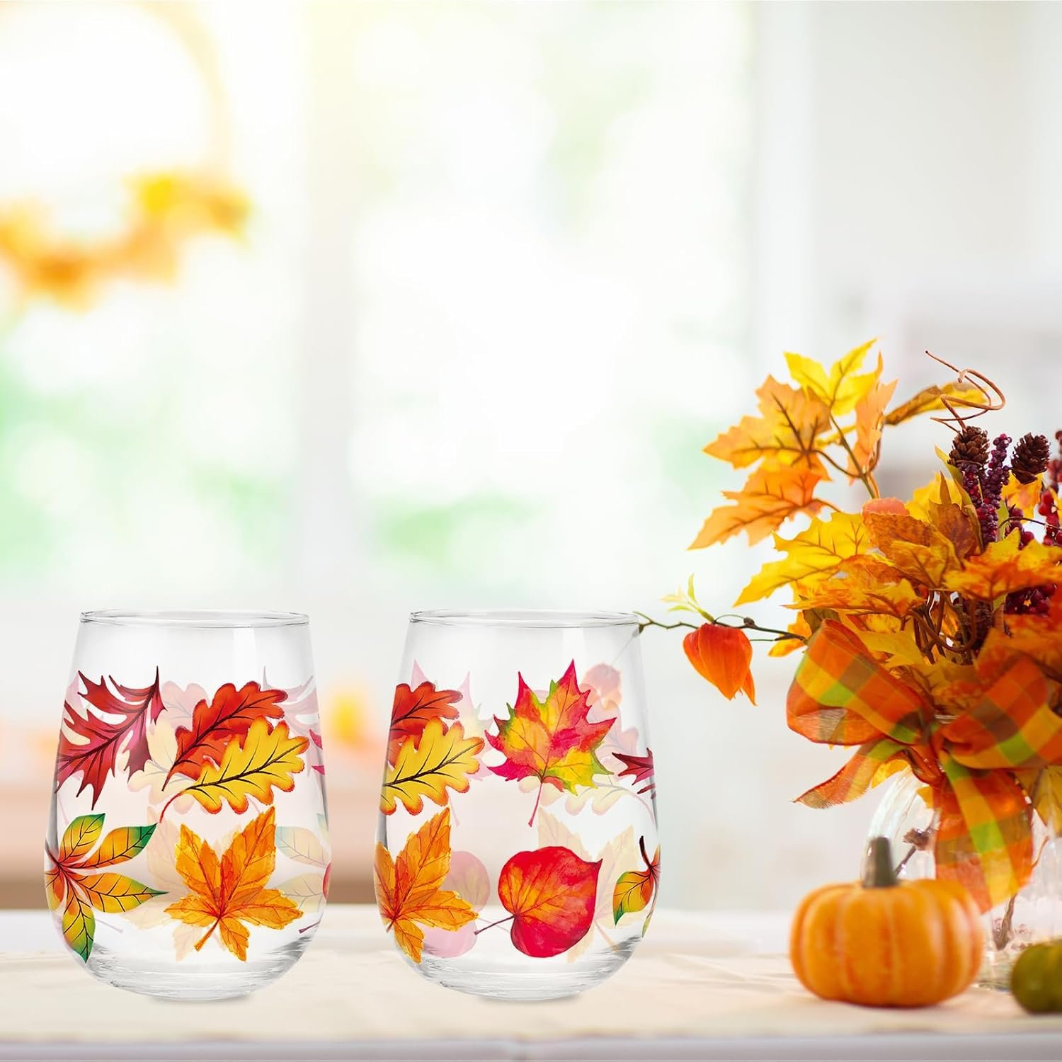 Whaline 2Pcs Fall Stemless Wine Glasses 17oz Watercolor Maple Leaf Drinking Glasses Fall Leaves Tumbler Cups for Autumn Thanksgiving Party Supplies Gifts - Image 7