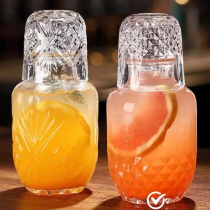 Bedside Water Carafe and Glass Set, Mfacoy 17 OZ Glass Pitcher & 5 OZ Cup, Bedside Night Carafe Pitchers and Water Glass Tumbler Set, Vintage Glass Water Pitcher with Cup Set for Bedroom