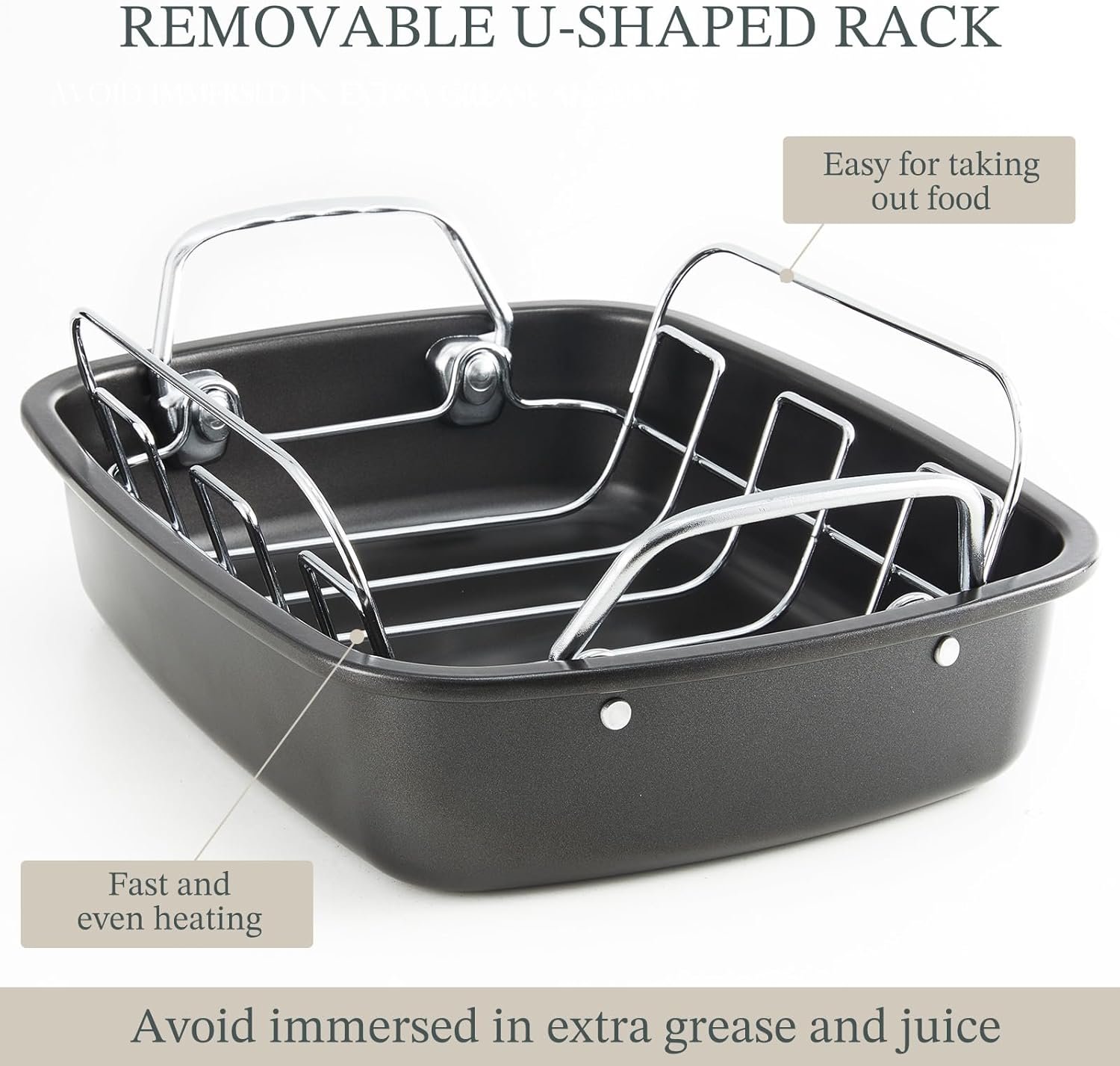 KITESSENSU Large Roasting Pan with Rack - 25 LB Nonstick Turkey Roaster Pan for Oven - Heavy Duty Carbon Steel Roasting Pan with Wider Handles for Chicken, Vegetables & Holiday Meals, Gray - Image 7