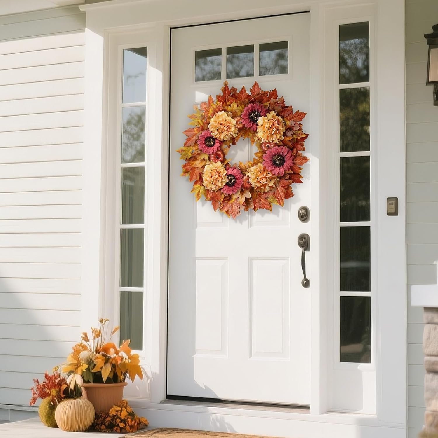 28'' Large Fall Wreath for Front Door, Porch, Window- Artificial Maple Leaves Faux Sunflower Hydrangea Pumpkins Outdoor Autumn Wreath for Home, Farmhouse Wall Thanksgiving Day Harvest Festival Decor - Image 2