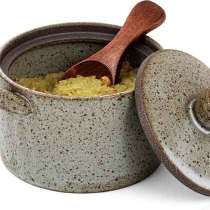 Honeydak Speckled Ceramic Salt Cellar with Lid and Wooden Spoon, Rustic Farmhouse Salt Pepper Cellar Holder for Housewarming Gift, Heavyweight Spices Jar for Kosher, Sea, Sugar