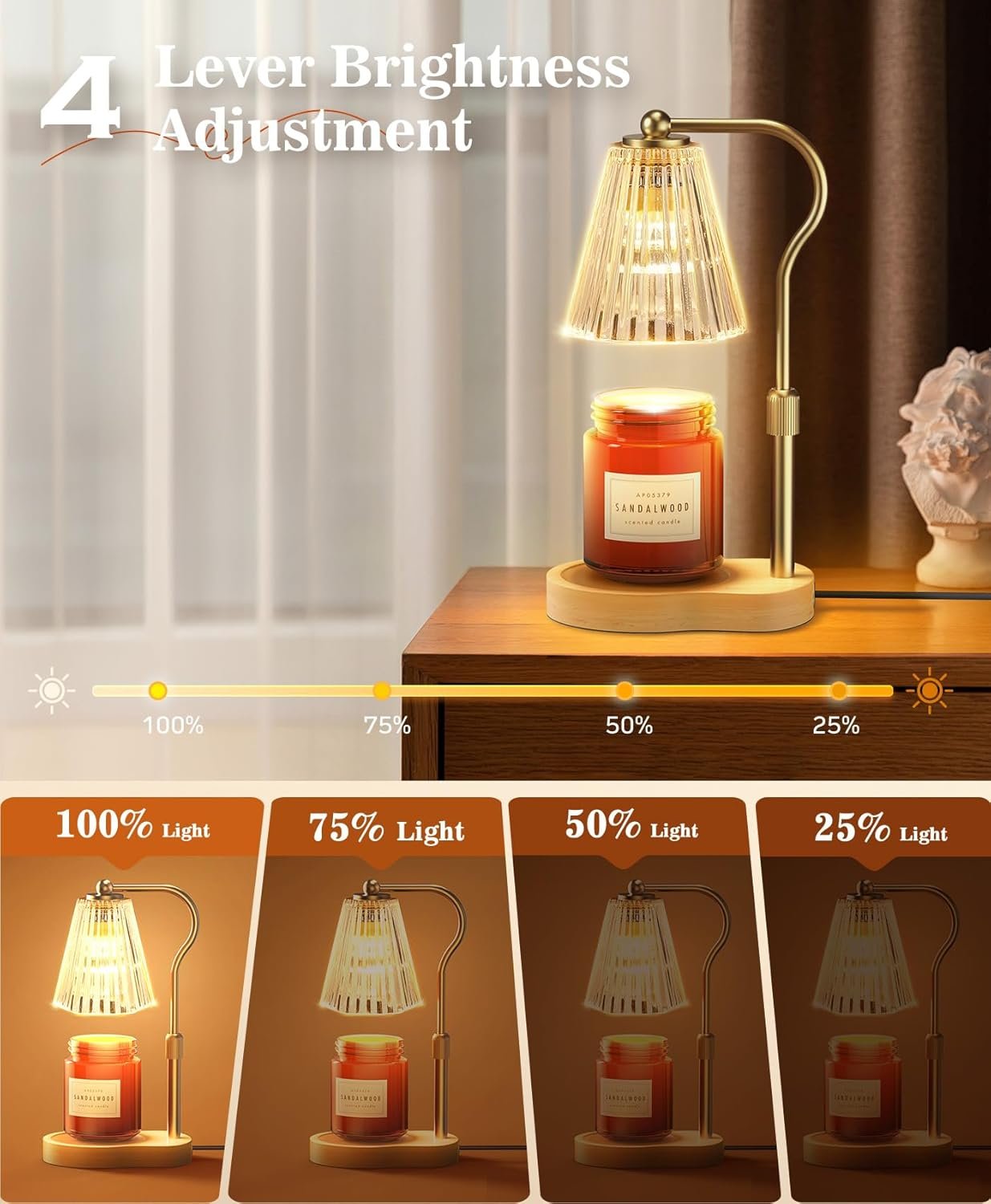 Candle Warmer Lamp, Wax Melt Warmer with 2 Bulbs for Scented Jar Candles, with Timer Dimmer Adjustable Height, Home Decor Gift for Girl Friend Mom Sister Women, No Flame No Smoke Warming Light, Amber - Image 3