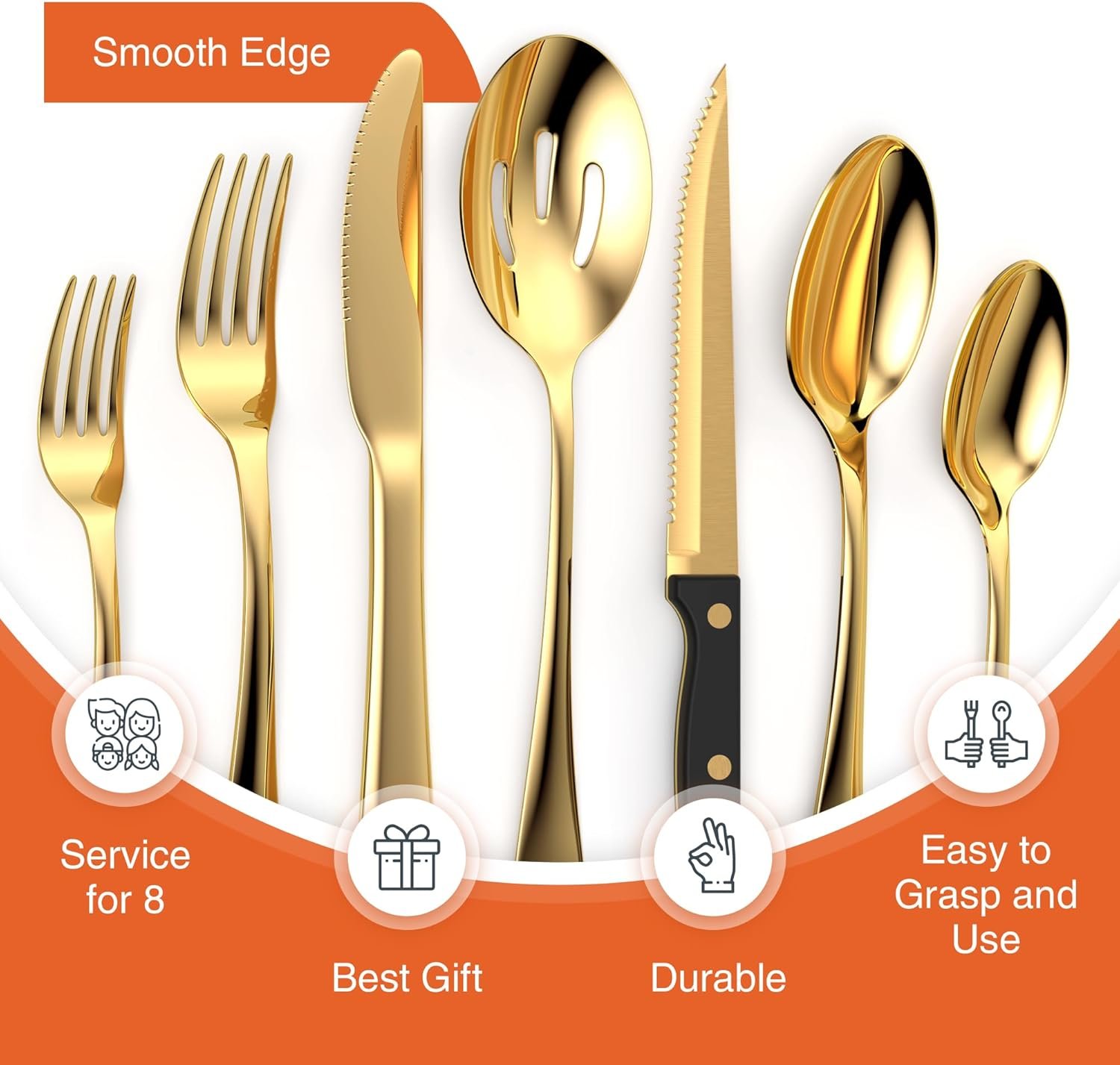 Tribal Cooking 49 Piece Gold Silverware Set - Service for 8 - Stainless Steel Gold Flatware serving set - Cutlery Set - Knives, Fork, and Spoon - Dishwasher Safe - Stunning Polished Finish - Image 4