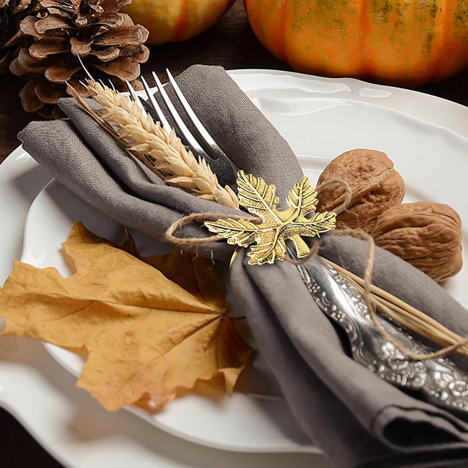 Thanksgiving Napkin Rings Set of 12 Maple Leaf Gold Fall Napkin Rings Holders Buckle Pumpkin Patterns for Thanksgiving Harvest Christmas Daily Home Party Table Decor Wedding Supplies - Image 7