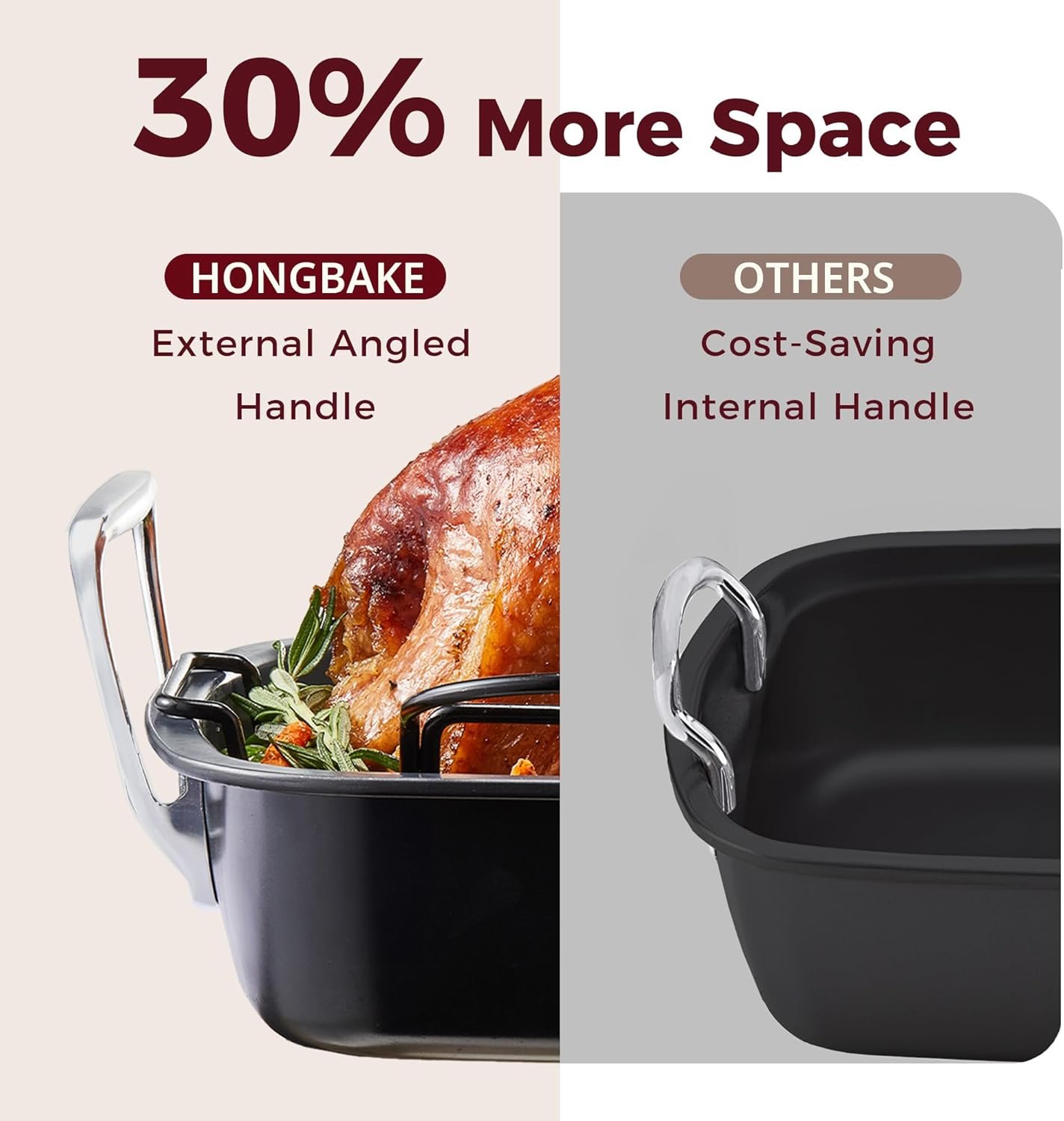 HONGBAKE Extra Large Turkey Roasting Pan with Rack (U-Shaped), 18.7×13.6 Inch Nonstick Roaster Pan for 25 lb Turkey & Chicken, Deep Turkey Tray for Oven, Wider Handles, 0.8 mm Heavy Duty Steel, Gray - Image 3