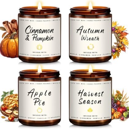 Auelife Fall Candle Set | 4 Pack Scented Candles for Home - Candle Gifts for Women Men, Soy Candles Home Scented | Autumn Fragrance of - Apple Pie/Cinnamon/Harvest/Wreath